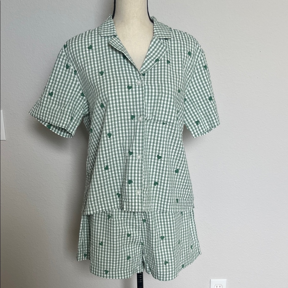 American Eagle Green Gingham Short Pajama Set with Heart Print